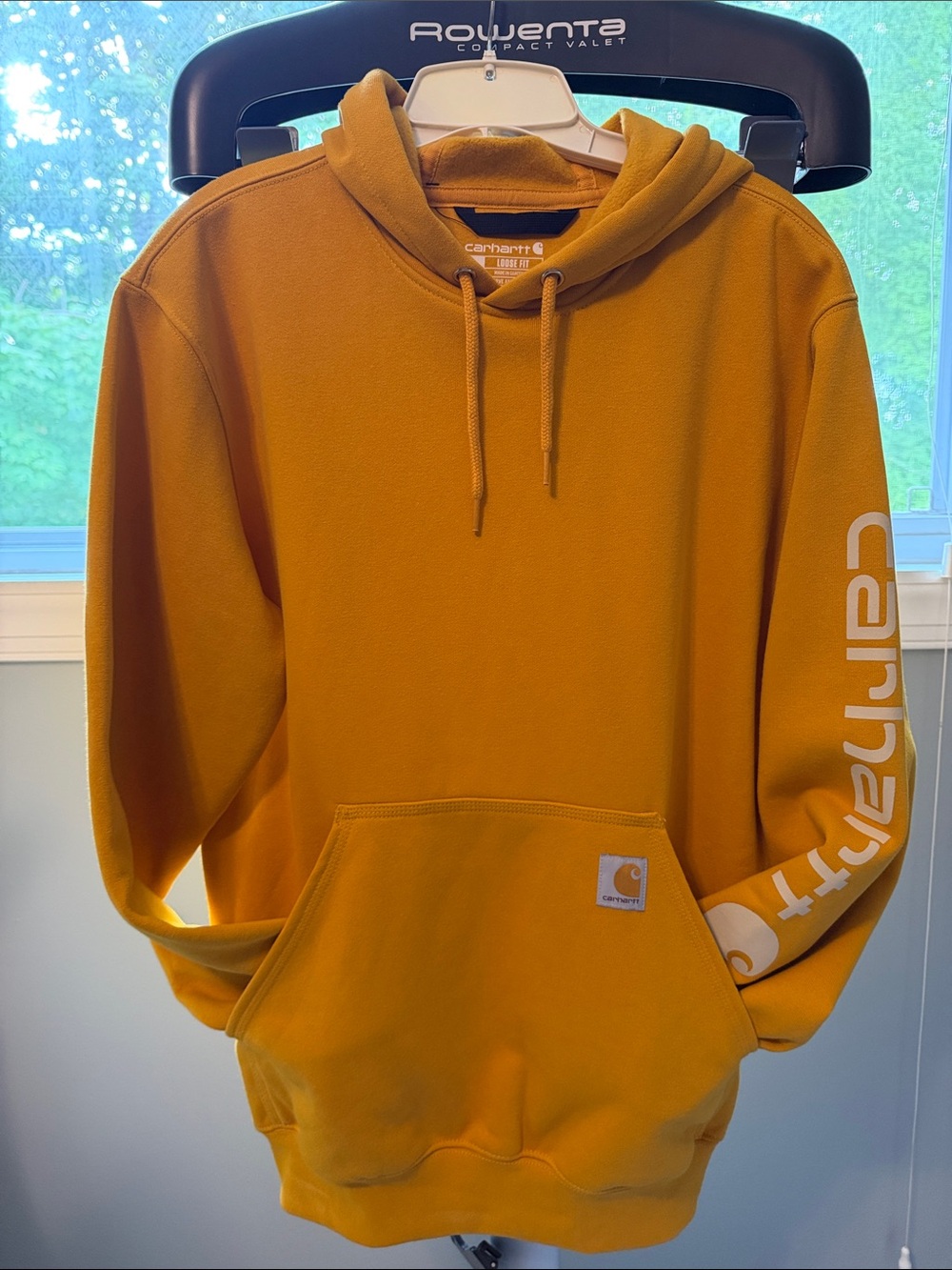 Carhartt Men's Hoodie in Mustard Yellow with Logo Sleeve